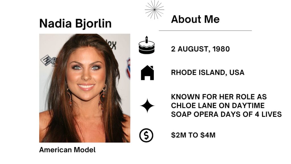 Nadia Bjorlin Net Worth, Husband, Wiki, Age, Height, Parents, Movies and Career Nadia Bjorlin is a famous American actress, singer, and mannequin commonly recognised for her essential position on the cleaning soap opera Days of Our Lives.