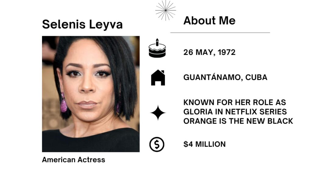 Selenis Leyva Net Worth, Husband, Wiki, Age, Height, Parents, Movies and Career Selenis Leyva was born on May 26, 1972 is an American actress. She generally seems in the American movie and Television industry.