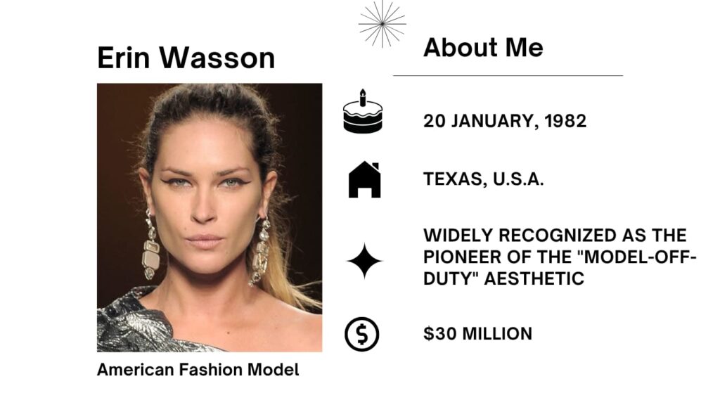 Erin Wasson Net Worth, Husband, Wiki, Age, Height, Parents, Movies and Career Erin Wasson is a multifaceted character regarded for her work as a model, actress, trend designer, and stylist.