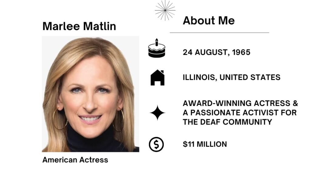 Marlee Matlin Net Worth, Husband, Wiki, Age, Height, Parents, Movies and Career Marlee Matlin was born on August 24, 1965, in Morton Grove, Illinois, is a distinct American actress and author.