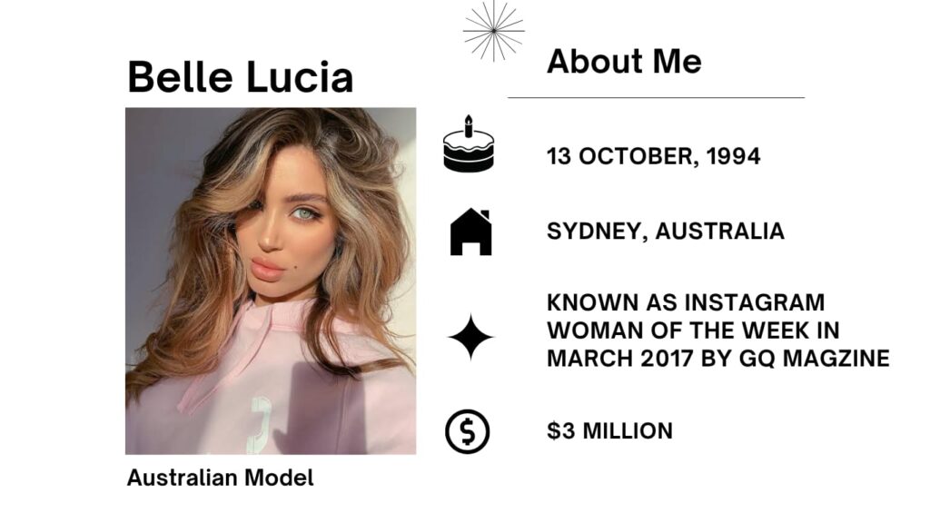 Belle Lucia Net Worth, Husband, Wiki, Age, Height, Parents, Modeling and Career Belle Lucia is an Australian trend model, social media star, and digital influencer regarded for her international modeling profession and truthful lifestyles content.