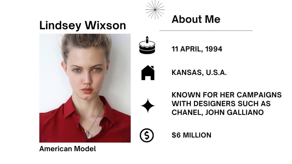 Lindsey Wixson Net Worth, Husband, Wiki, Age, Height, Parents, Modeling and Career Lindsey Wixson is an American Model. She is exceptional regarded for her special looks, described in section by using her bee-stung lips, rosebud pout, and gapped the front teeth.