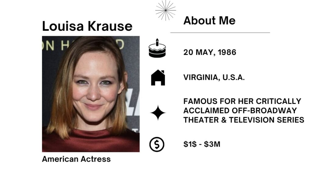 Louisa Krause Net Worth, Husband, Wiki, Age, Height, Parents, Movies and Career Louisa Krause is an American actress recognized for her work in film, television, and off-Broadway theater, born on May 20, 1986, in Falls Church, Virginia.