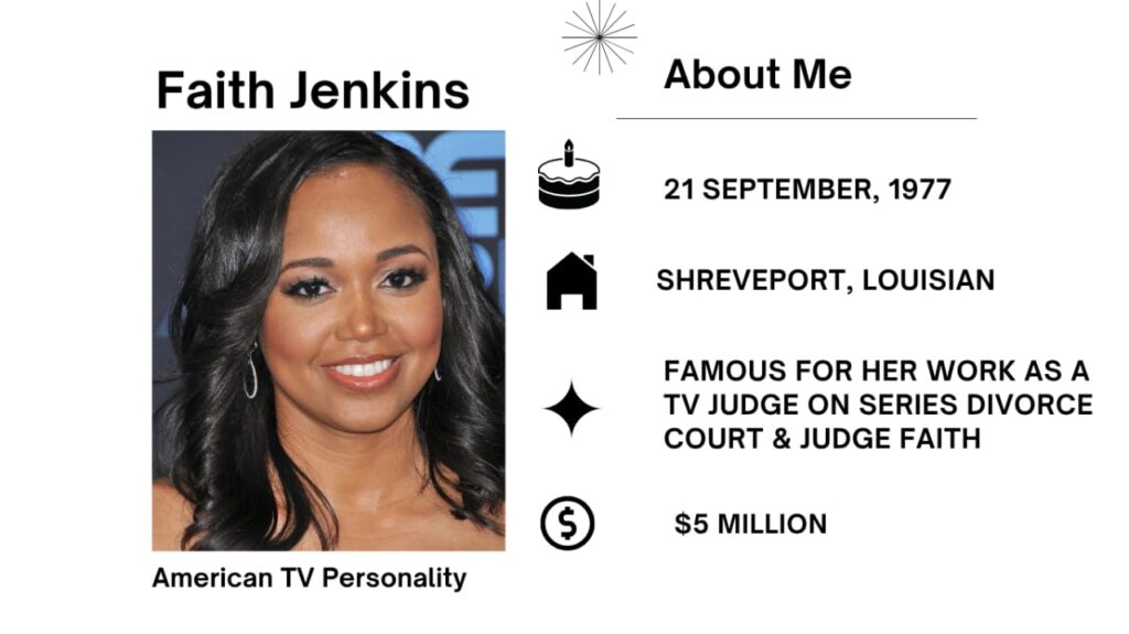 Faith Jenkins Net Worth, Husband, Wiki, Age, Height, Parents, Attorney and Career Faith Elizabeth Lattimore was born on September 21, 1977 is an American attorney, prison commentator and media personality.