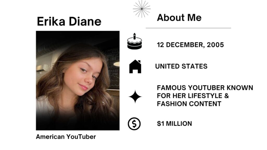 Erika Diane Net Worth, Boyfriend, Wiki, Age, Height, Parents, YouTuber and Career Erika Diane is a way of life YouTuber who creates movies about beauty, fashion, productivity, self-improvement, and every day life.