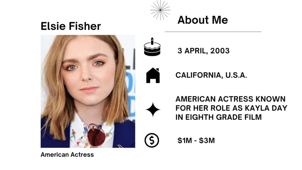 Elsie Fisher Net Worth, Husband, Wiki, Age, Height, Parents, Movies and Career Elsie Fisher was born on April 3, 2003 is an American actress. She more often than not seems in the American movie and Television industry.